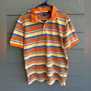 Chaps Polo Shirt Mens Large Knit Striped Short Sleeve Orange Business Casual